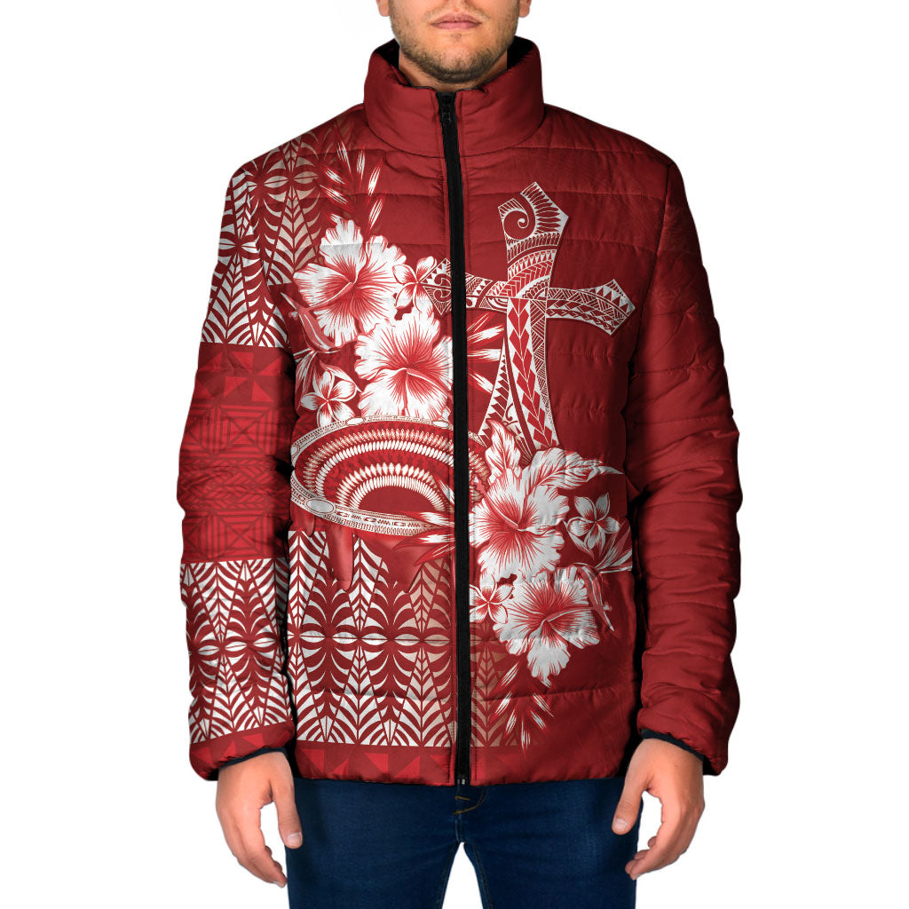 Tonga Ngatu Kupesi Royal Red Padded Jacket Koe Otua Mo Tonga Ko Hoku Tofia