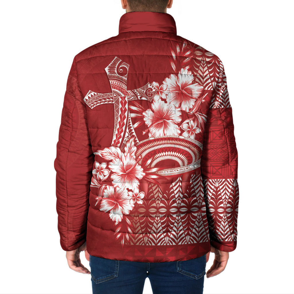 Tonga Ngatu Kupesi Royal Red Padded Jacket Koe Otua Mo Tonga Ko Hoku Tofia