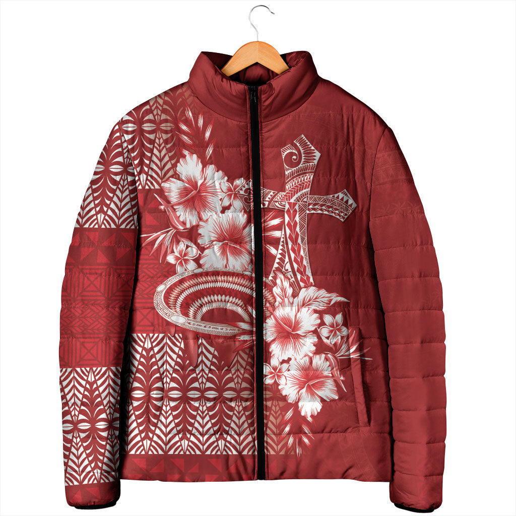 Tonga Ngatu Kupesi Royal Red Padded Jacket Koe Otua Mo Tonga Ko Hoku Tofia