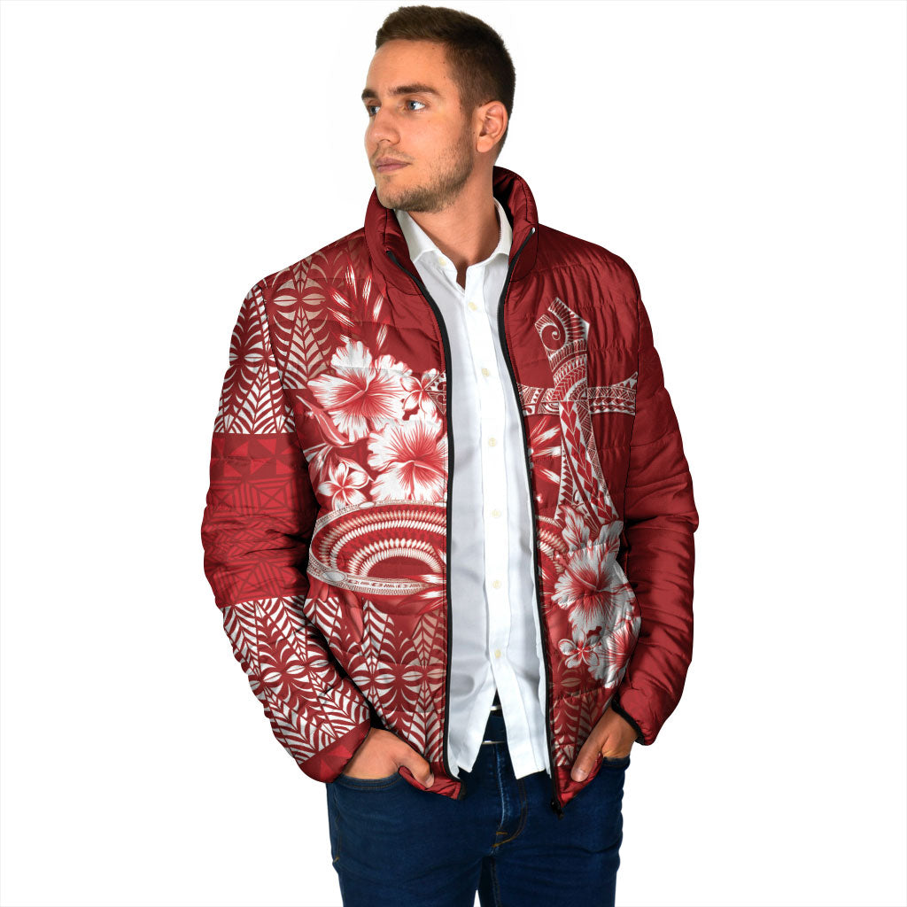 Tonga Ngatu Kupesi Royal Red Padded Jacket Koe Otua Mo Tonga Ko Hoku Tofia