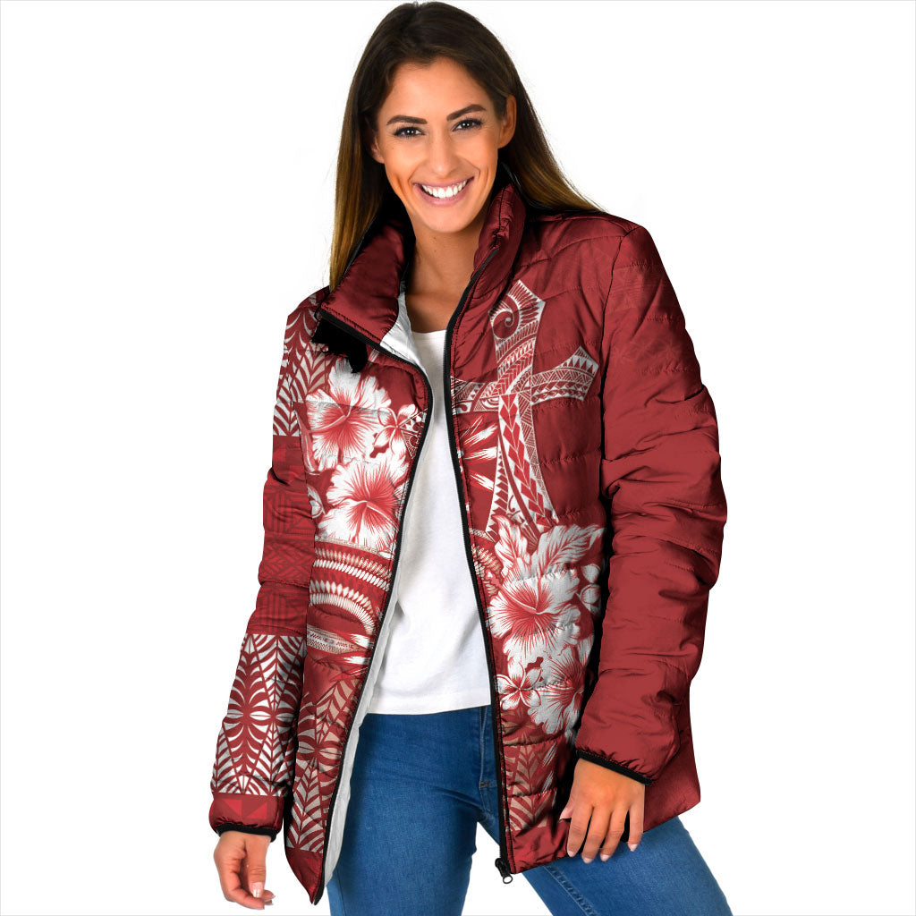 Tonga Ngatu Kupesi Royal Red Padded Jacket Koe Otua Mo Tonga Ko Hoku Tofia
