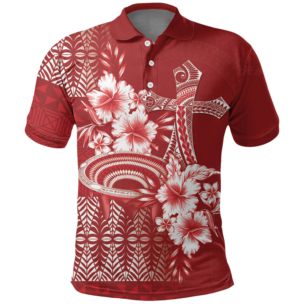 Tonga Ngatu Kupesi Royal Red Polo Shirt Koe Otua Mo Tonga Ko Hoku Tofia LT7 Red - Polynesian Pride