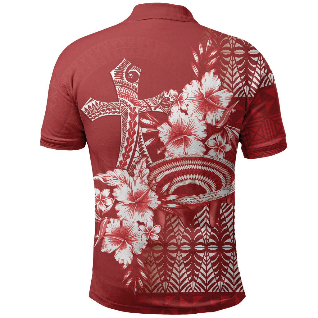 Tonga Ngatu Kupesi Royal Red Polo Shirt Koe Otua Mo Tonga Ko Hoku Tofia LT7 - Polynesian Pride