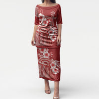 Tonga Ngatu Kupesi Royal Red Puletasi Koe Otua Mo Tonga Ko Hoku Tofia LT7 Long Dress Red - Polynesian Pride