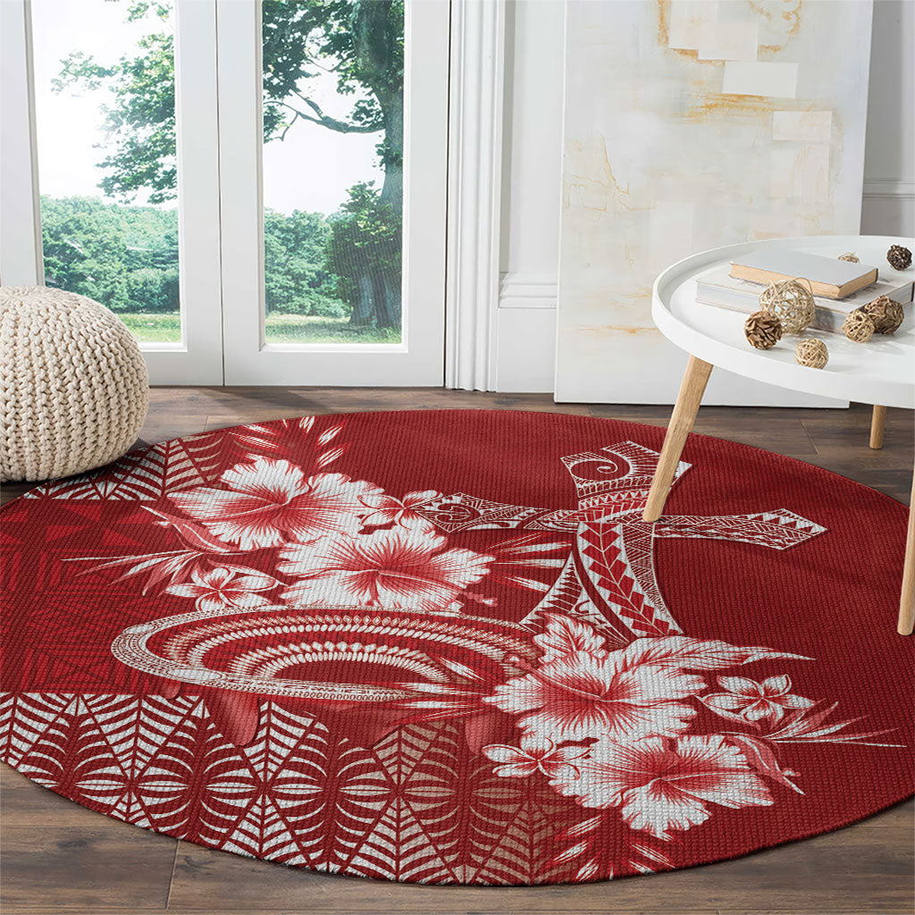 Tonga Ngatu Kupesi Royal Red Round Carpet Koe Otua Mo Tonga Ko Hoku Tofia