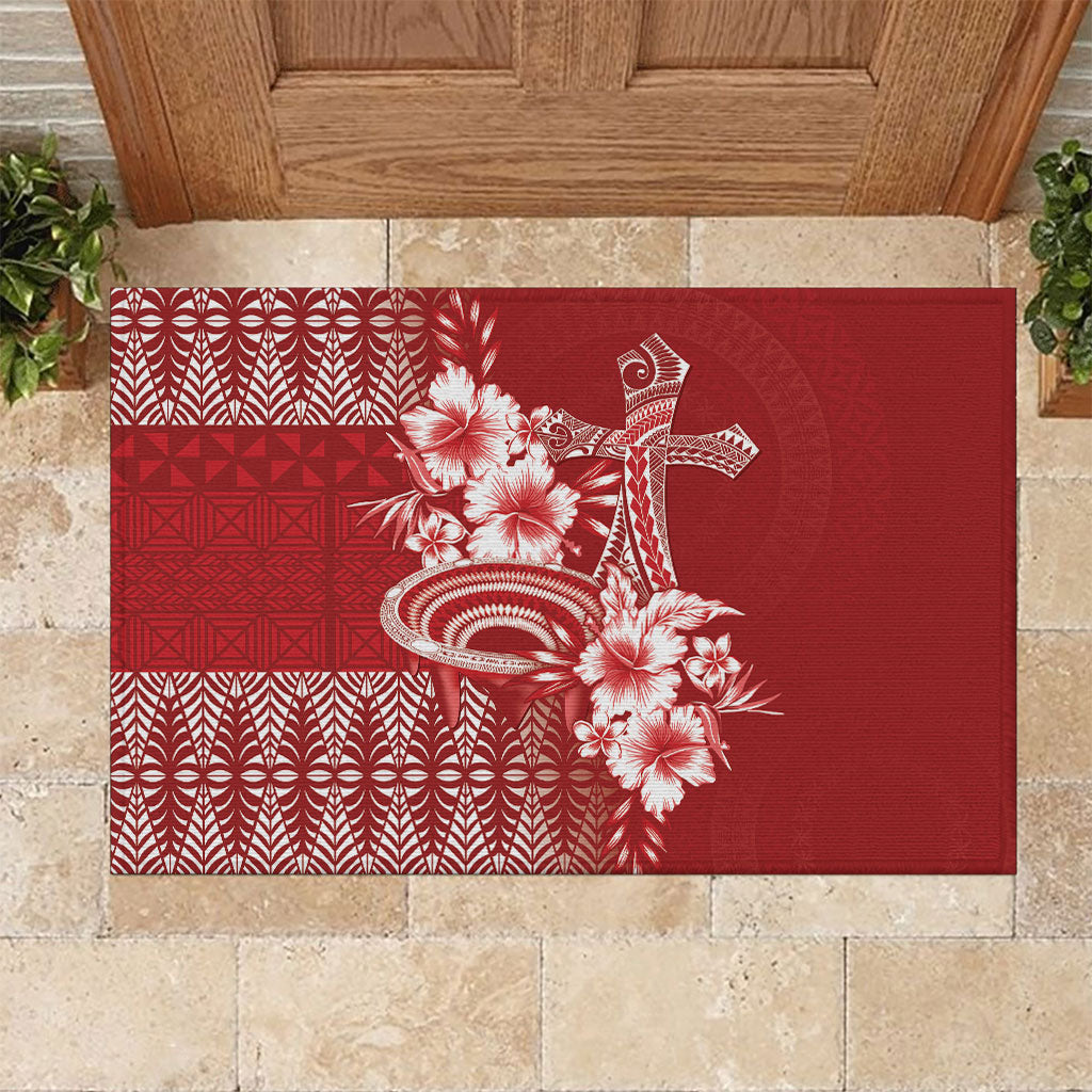 Tonga Ngatu Kupesi Royal Red Rubber Doormat Koe Otua Mo Tonga Ko Hoku Tofia LT7 Red - Polynesian Pride
