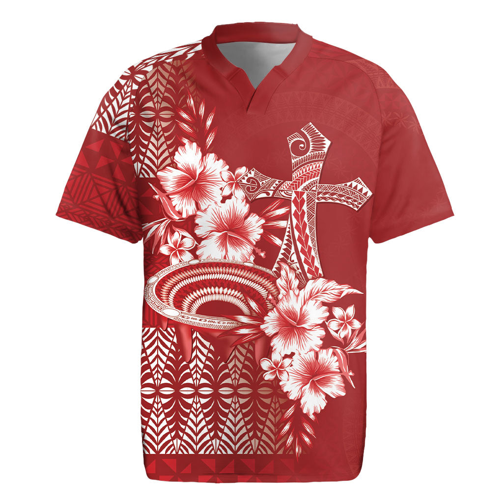 Tonga Ngatu Kupesi Royal Red Rugby Jersey Koe Otua Mo Tonga Ko Hoku Tofia LT7 Red - Polynesian Pride