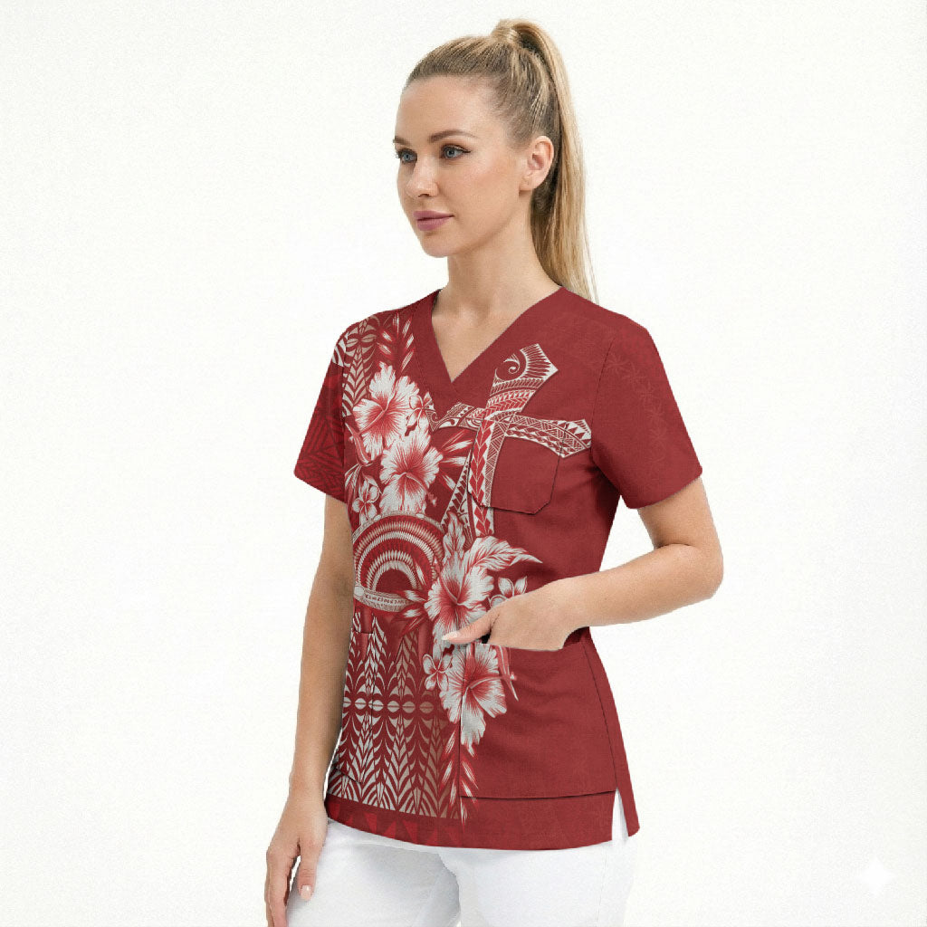 Tonga Ngatu Kupesi Royal Red Scrub Top Koe Otua Mo Tonga Ko Hoku Tofia LT7 - Polynesian Pride