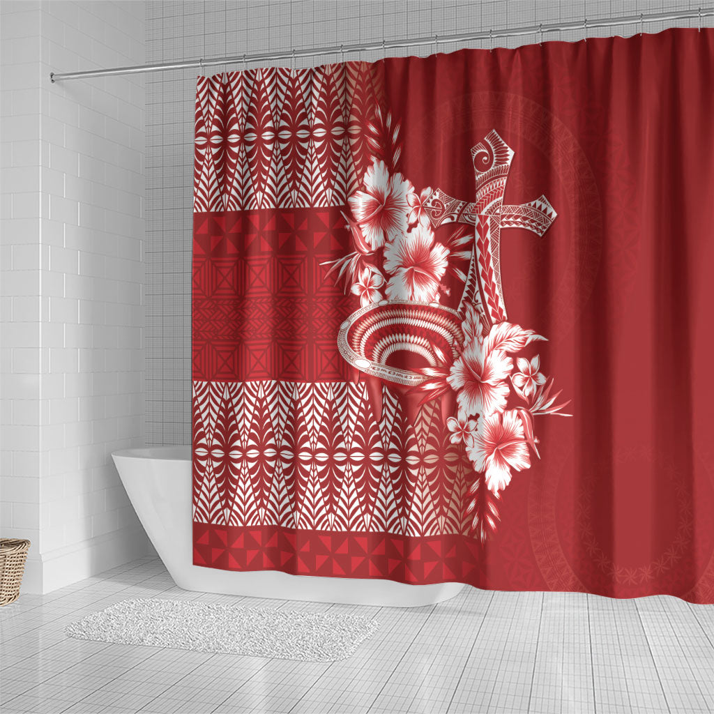 Tonga Ngatu Kupesi Royal Red Shower Curtain Koe Otua Mo Tonga Ko Hoku Tofia LT7 - Polynesian Pride