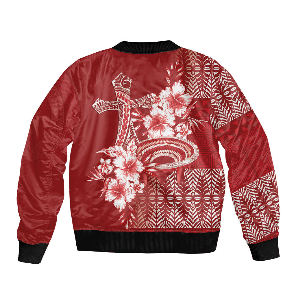 Tonga Ngatu Kupesi Royal Red Sleeve Zip Bomber Jacket Koe Otua Mo Tonga Ko Hoku Tofia LT7 - Polynesian Pride