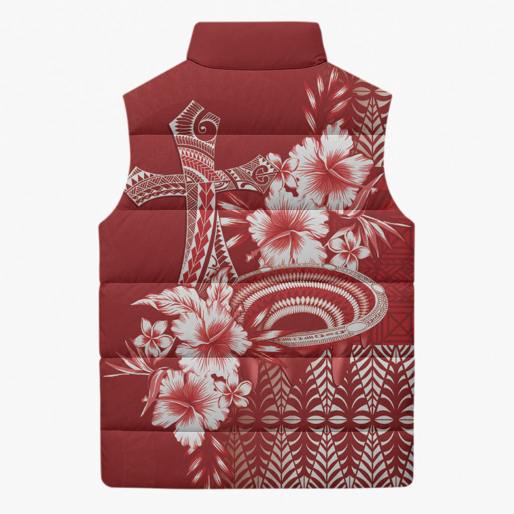 Tonga Ngatu Kupesi Royal Red Sleeveless Puffer Jacket Koe Otua Mo Tonga Ko Hoku Tofia LT7 - Polynesian Pride