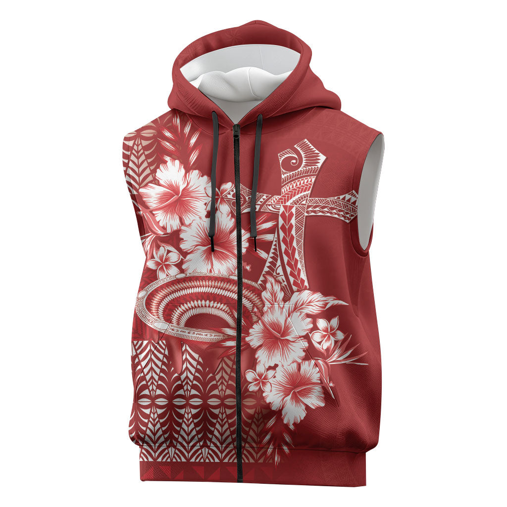 Tonga Ngatu Kupesi Royal Red Sleeveless Zip Hoodie Koe Otua Mo Tonga Ko Hoku Tofia