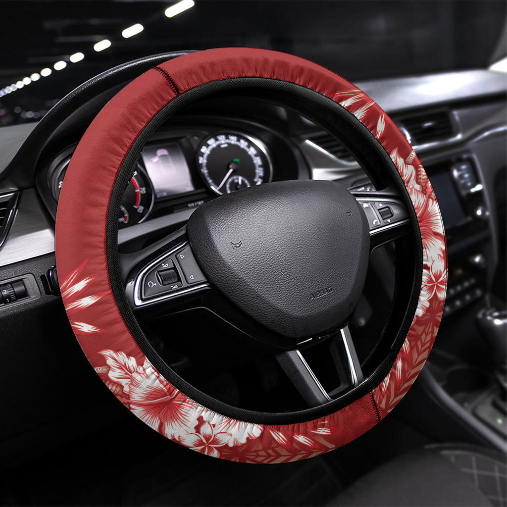 Tonga Ngatu Kupesi Royal Red Steering Wheel Cover Koe Otua Mo Tonga Ko Hoku Tofia LT7 Universal Fit Red - Polynesian Pride