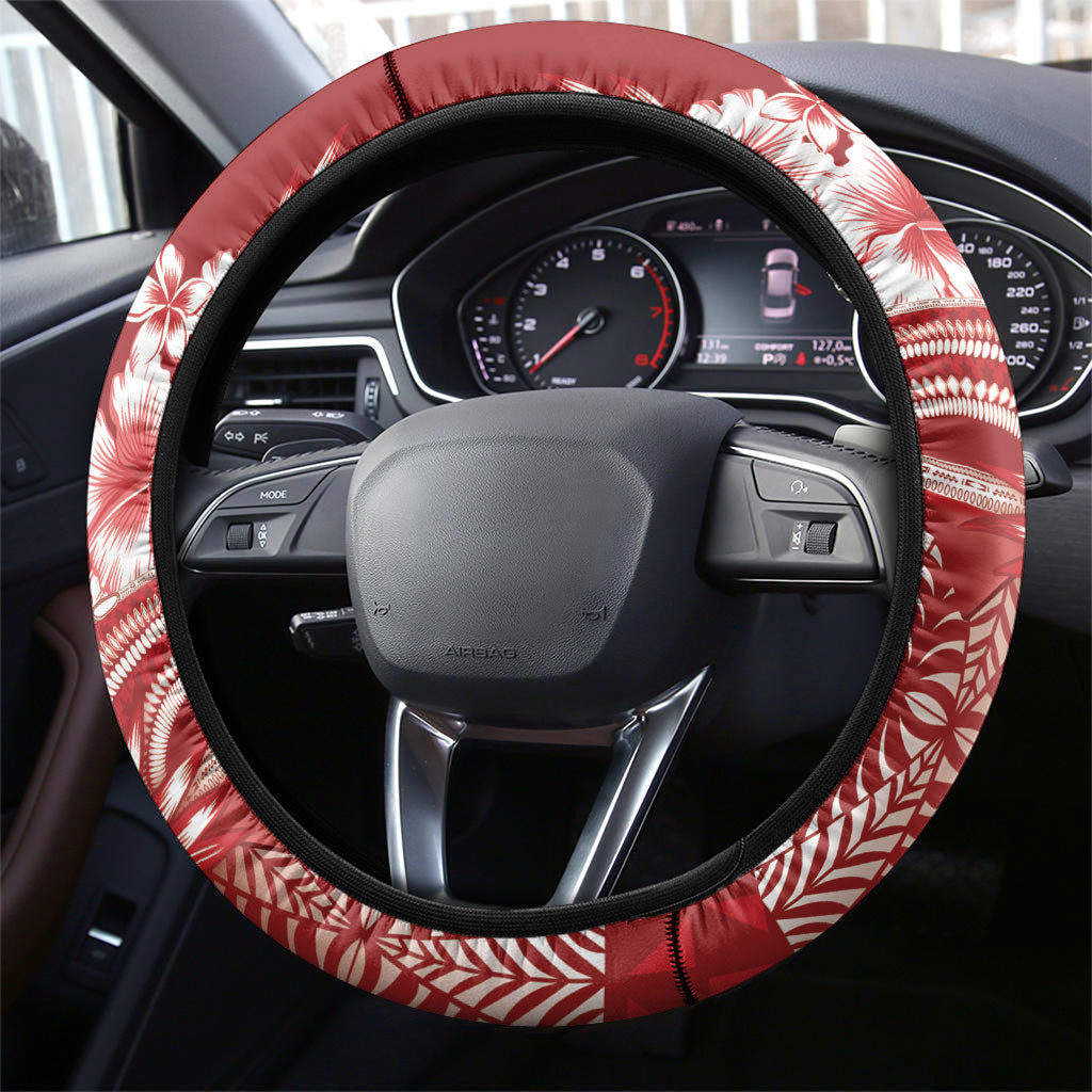 Tonga Ngatu Kupesi Royal Red Steering Wheel Cover Koe Otua Mo Tonga Ko Hoku Tofia LT7 - Polynesian Pride