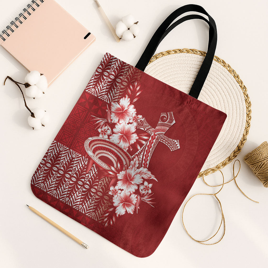 Tonga Ngatu Kupesi Royal Red Tote Bag Koe Otua Mo Tonga Ko Hoku Tofia LT7 Black Strap One Size Red - Polynesian Pride