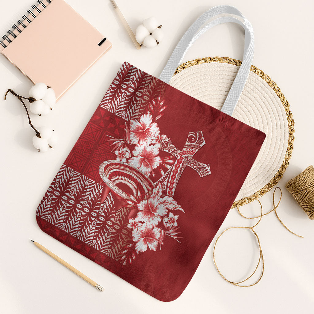 Tonga Ngatu Kupesi Royal Red Tote Bag Koe Otua Mo Tonga Ko Hoku Tofia LT7 White Strap One Size Red - Polynesian Pride