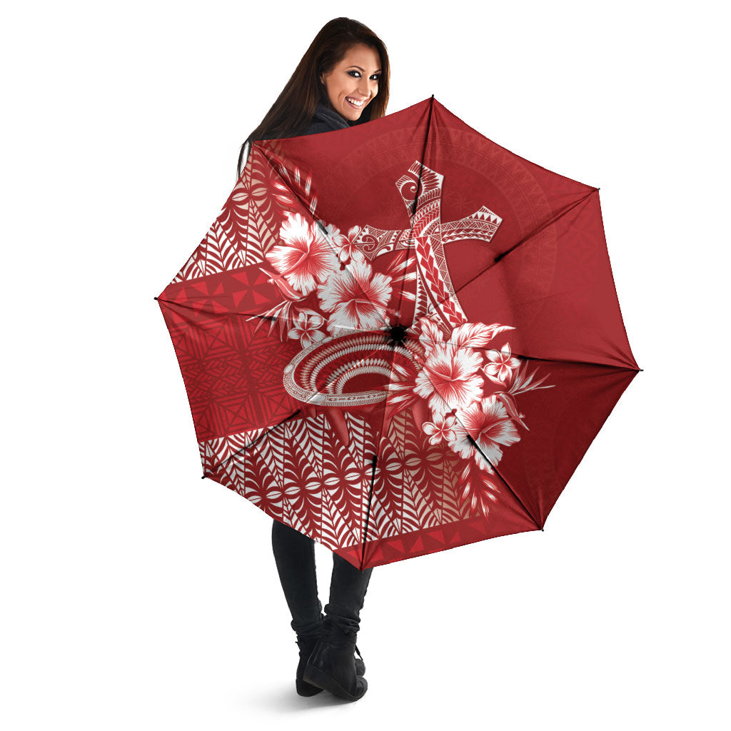 Tonga Ngatu Kupesi Royal Red Umbrella Koe Otua Mo Tonga Ko Hoku Tofia LT7 - Polynesian Pride
