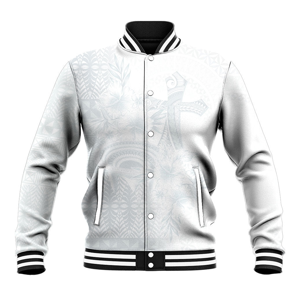 Tonga Ngatu Kupesi White Sunday Fakame Baseball Jacket Koe Otua Mo Tonga Ko Hoku Tofia