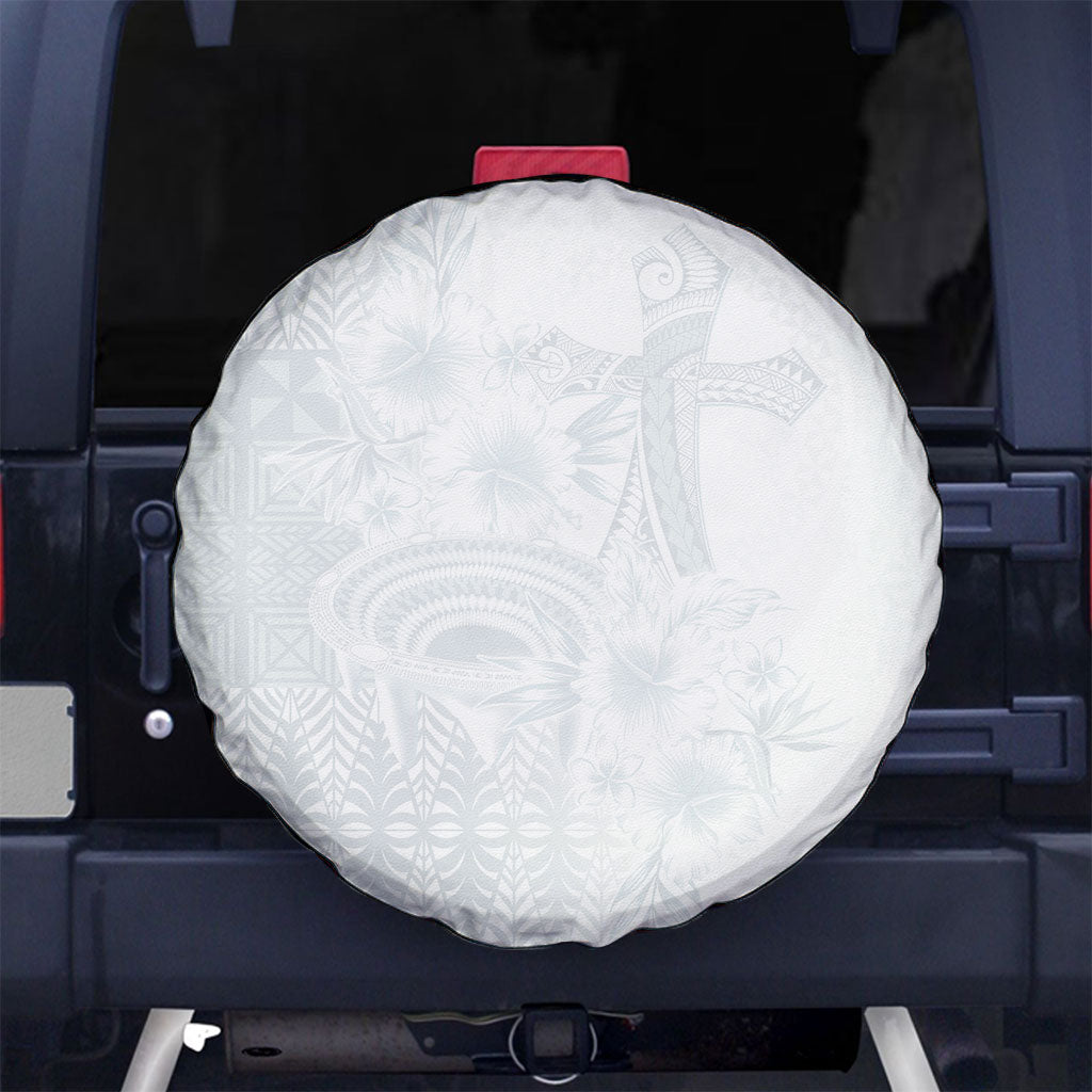 Tonga Ngatu Kupesi White Sunday Fakame Spare Tire Cover Koe Otua Mo Tonga Ko Hoku Tofia LT7 No hole White - Polynesian Pride