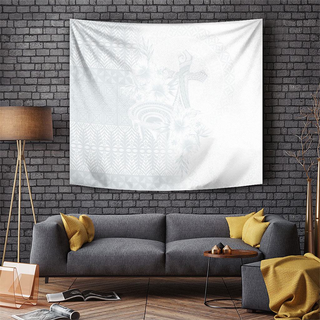 Tonga Ngatu Kupesi White Sunday Fakame Tapestry Koe Otua Mo Tonga Ko Hoku Tofia LT7 White - Polynesian Pride