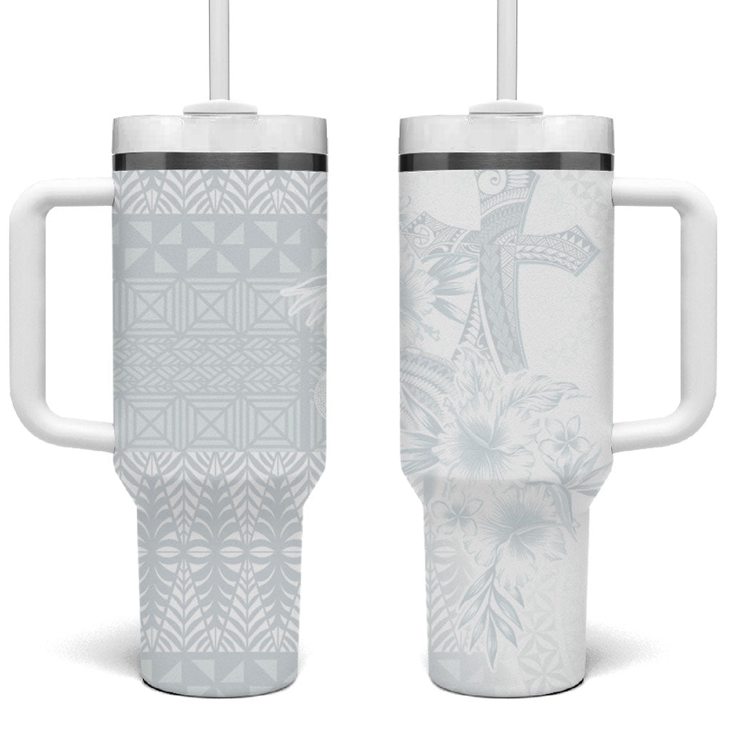 Tonga Ngatu Kupesi White Sunday Fakame Tumbler With Handle Koe Otua Mo Tonga Ko Hoku Tofia LT7 One Size: 40 oz White - Polynesian Pride