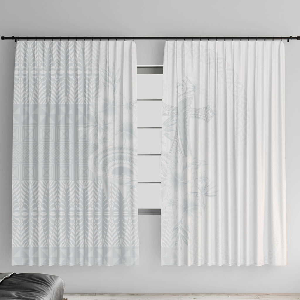 Tonga Ngatu Kupesi White Sunday Fakame Window Curtain Koe Otua Mo Tonga Ko Hoku Tofia LT7 With Hooks White - Polynesian Pride