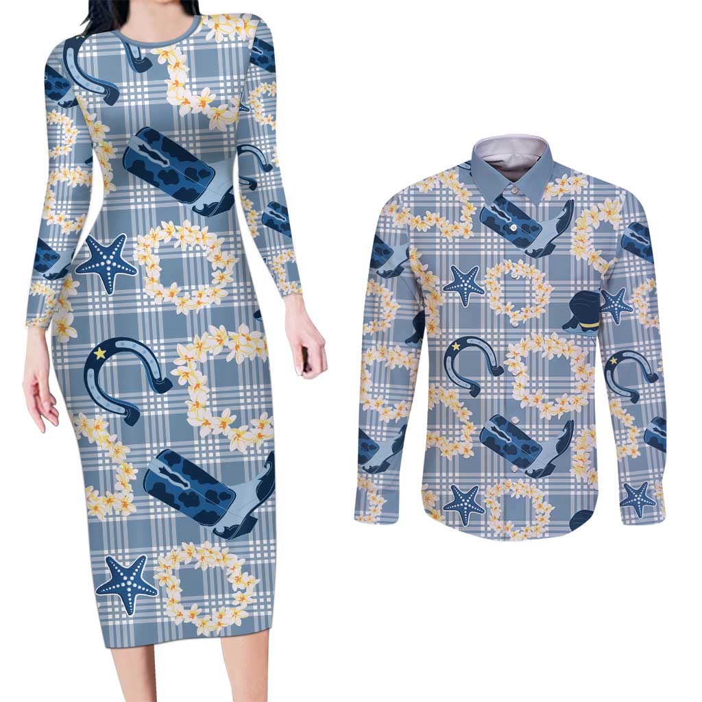 Aloha Hawaii Paniolo Jeans Palaka Couples Matching Long Sleeve Bodycon Dress and Long Sleeve Button Shirt Coastal Rodeo LT7 Pastel Blue - Polynesian Pride