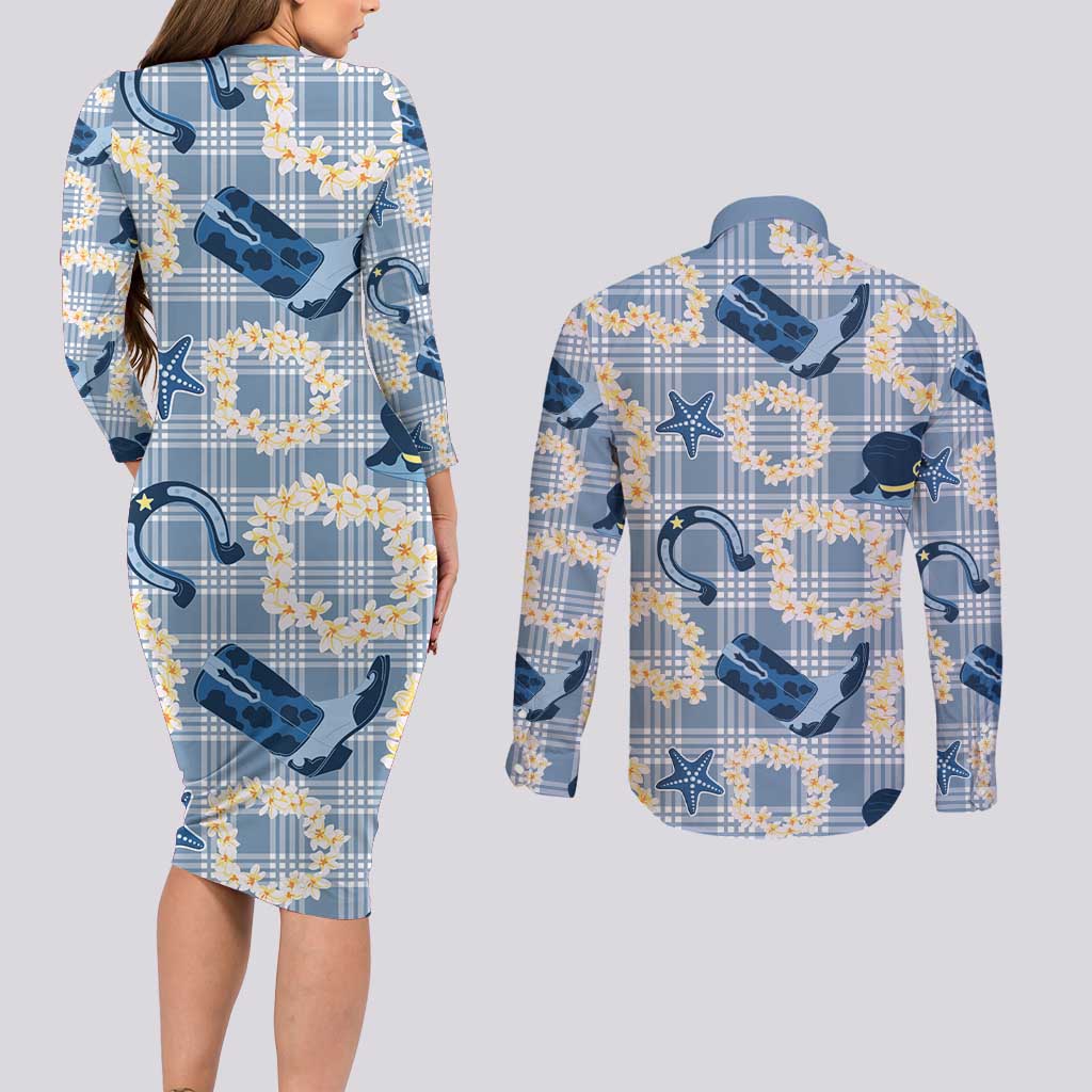 Aloha Hawaii Paniolo Jeans Palaka Couples Matching Long Sleeve Bodycon Dress and Long Sleeve Button Shirt Coastal Rodeo LT7 - Polynesian Pride