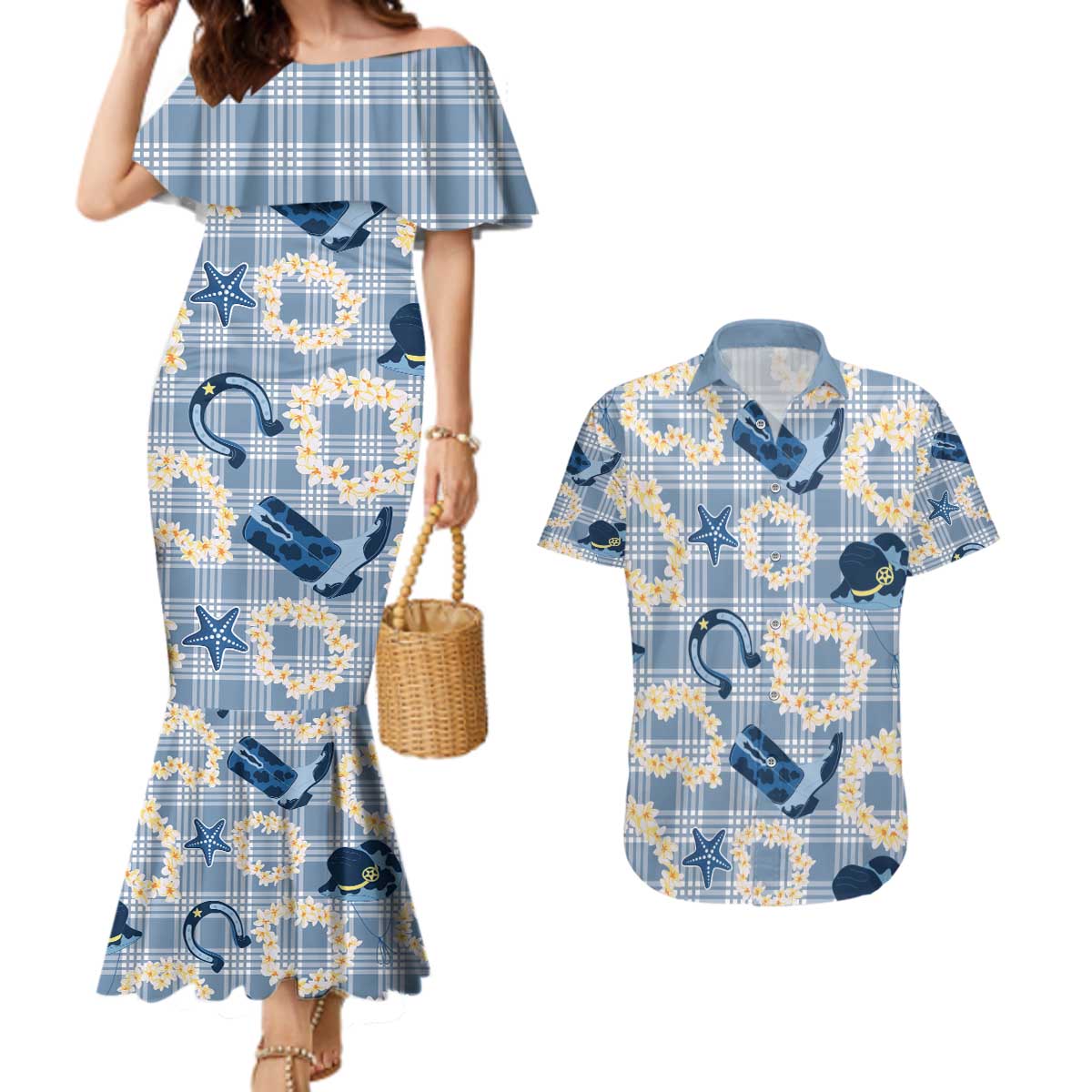 Aloha Hawaii Paniolo Jeans Palaka Couples Matching Mermaid Dress and Hawaiian Shirt Coastal Rodeo LT7 Pastel Blue - Polynesian Pride