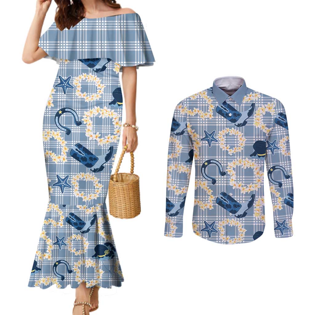 Aloha Hawaii Paniolo Jeans Palaka Couples Matching Mermaid Dress and Long Sleeve Button Shirt Coastal Rodeo LT7 Pastel Blue - Polynesian Pride