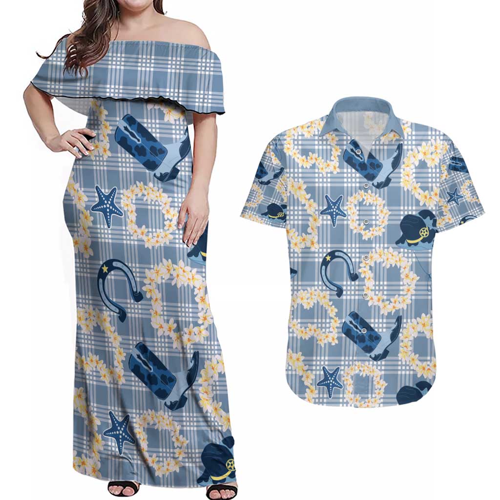 Aloha Hawaii Paniolo Jeans Palaka Couples Matching Off Shoulder Maxi Dress and Hawaiian Shirt Coastal Rodeo LT7 Pastel Blue - Polynesian Pride