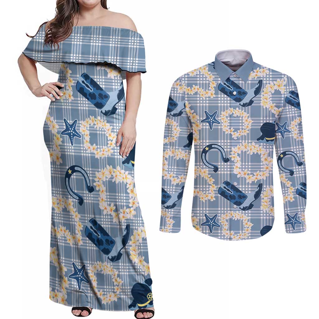 Aloha Hawaii Paniolo Jeans Palaka Couples Matching Off Shoulder Maxi Dress and Long Sleeve Button Shirt Coastal Rodeo LT7 Pastel Blue - Polynesian Pride