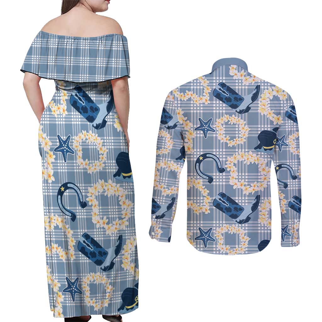 Aloha Hawaii Paniolo Jeans Palaka Couples Matching Off Shoulder Maxi Dress and Long Sleeve Button Shirt Coastal Rodeo LT7 - Polynesian Pride