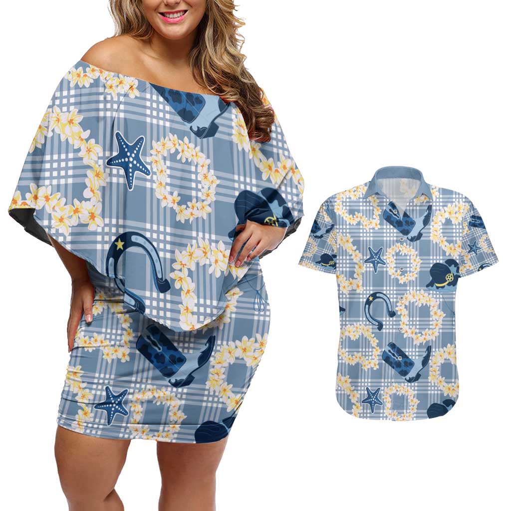 Aloha Hawaii Paniolo Jeans Palaka Couples Matching Off Shoulder Short Dress and Hawaiian Shirt Coastal Rodeo LT7 Pastel Blue - Polynesian Pride
