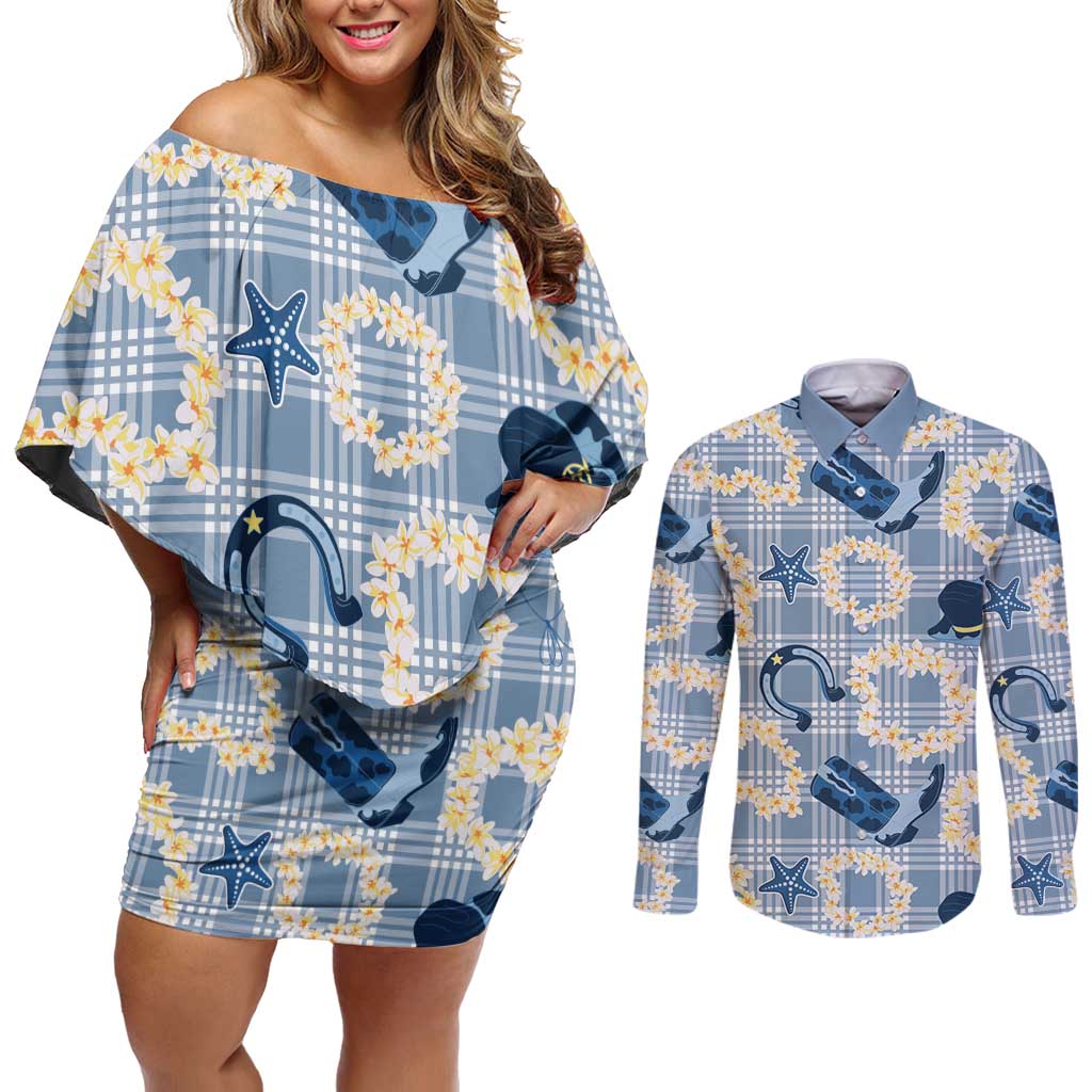 Aloha Hawaii Paniolo Jeans Palaka Couples Matching Off Shoulder Short Dress and Long Sleeve Button Shirt Coastal Rodeo LT7 Pastel Blue - Polynesian Pride