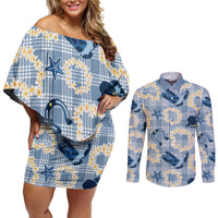 Aloha Hawaii Paniolo Jeans Palaka Couples Matching Off Shoulder Short Dress and Long Sleeve Button Shirt Coastal Rodeo LT7 Pastel Blue - Polynesian Pride