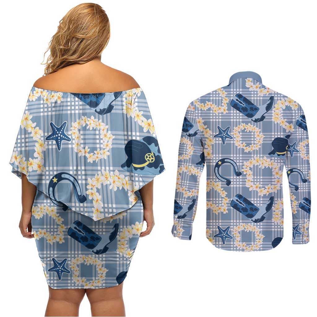 Aloha Hawaii Paniolo Jeans Palaka Couples Matching Off Shoulder Short Dress and Long Sleeve Button Shirt Coastal Rodeo LT7 - Polynesian Pride
