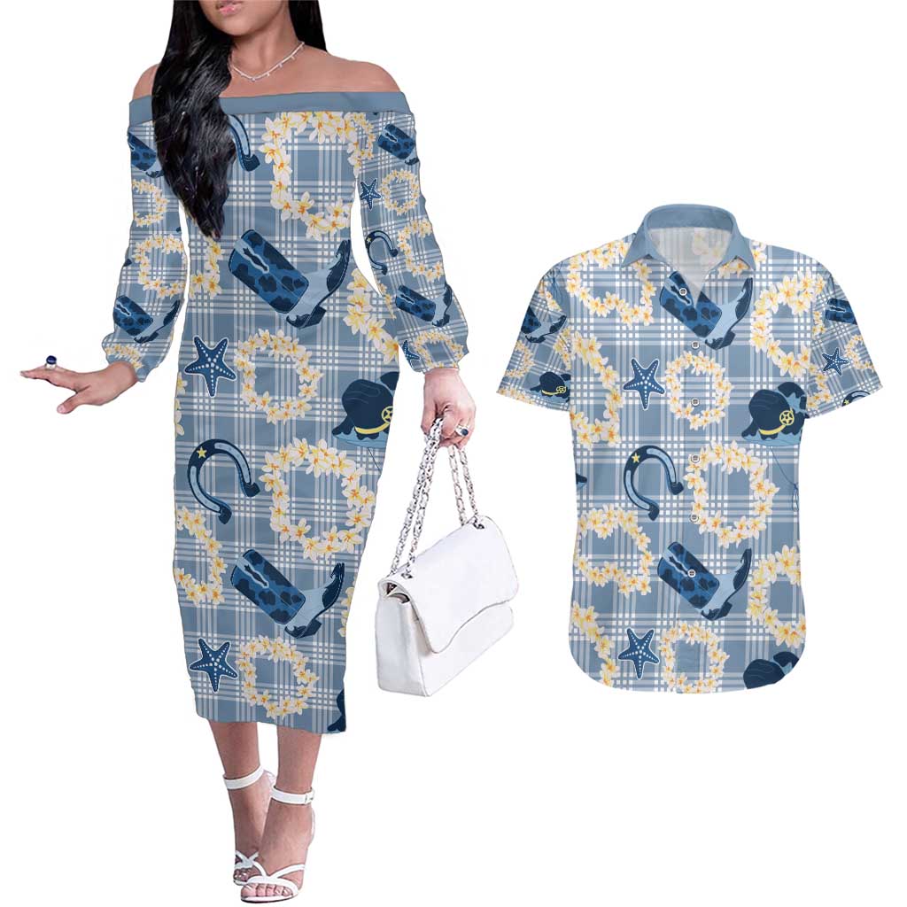 Aloha Hawaii Paniolo Jeans Palaka Couples Matching Off The Shoulder Long Sleeve Dress and Hawaiian Shirt Coastal Rodeo LT7 Pastel Blue - Polynesian Pride