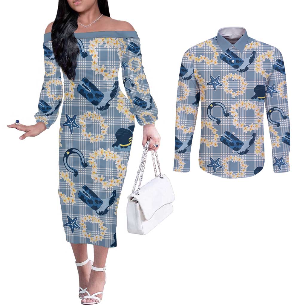 Aloha Hawaii Paniolo Jeans Palaka Couples Matching Off The Shoulder Long Sleeve Dress and Long Sleeve Button Shirt Coastal Rodeo LT7 Pastel Blue - Polynesian Pride