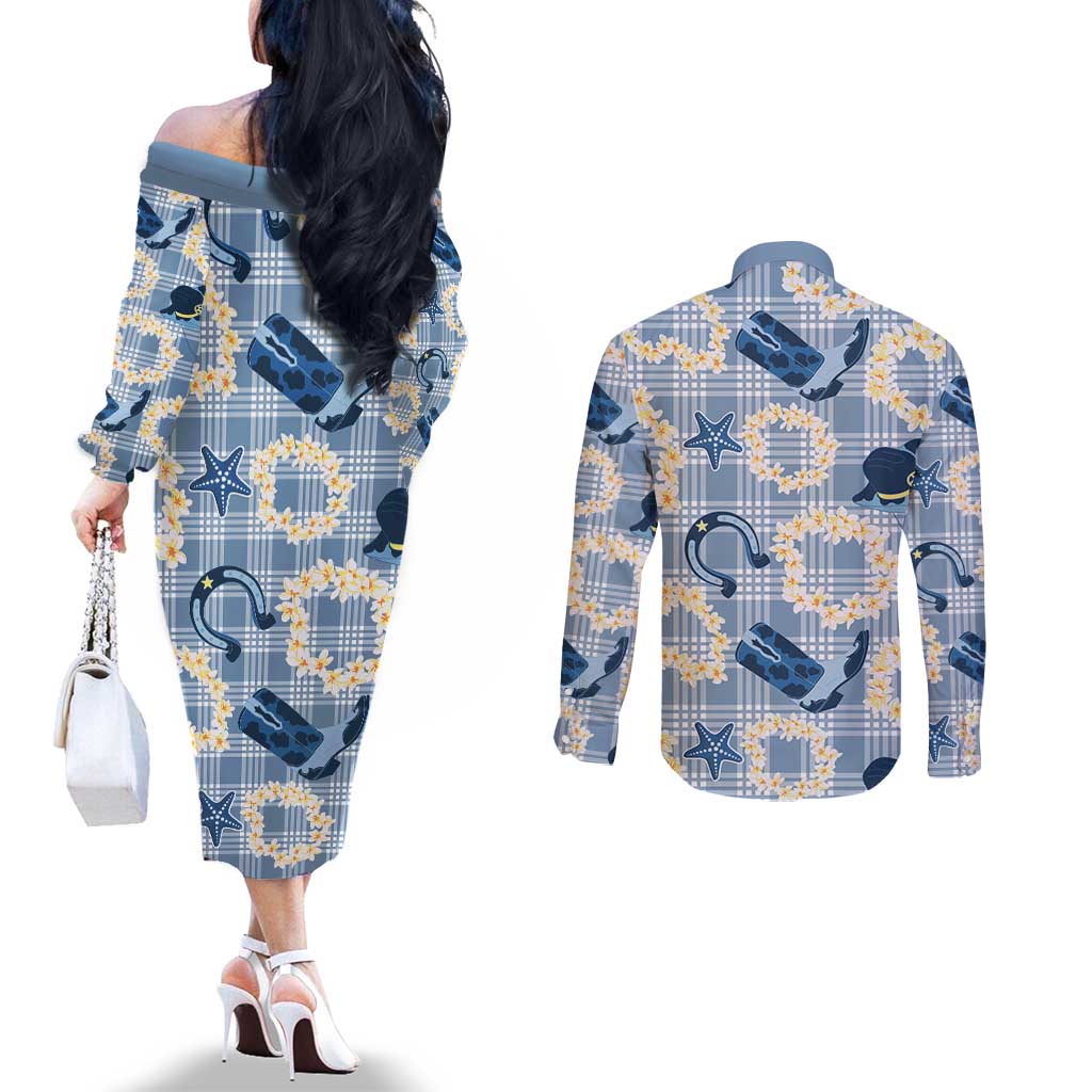 Aloha Hawaii Paniolo Jeans Palaka Couples Matching Off The Shoulder Long Sleeve Dress and Long Sleeve Button Shirt Coastal Rodeo LT7 - Polynesian Pride