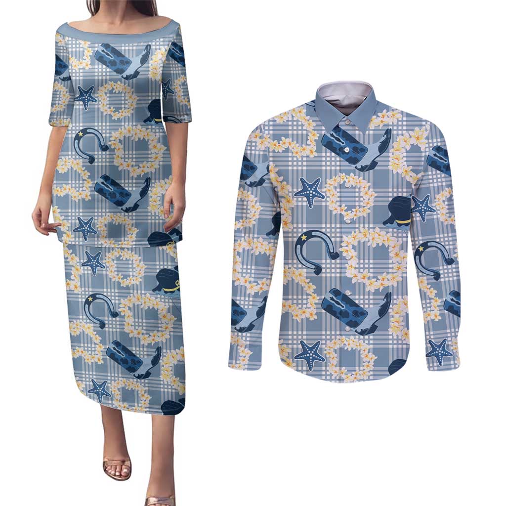 Aloha Hawaii Paniolo Jeans Palaka Couples Matching Puletasi and Long Sleeve Button Shirt Coastal Rodeo LT7 Pastel Blue - Polynesian Pride