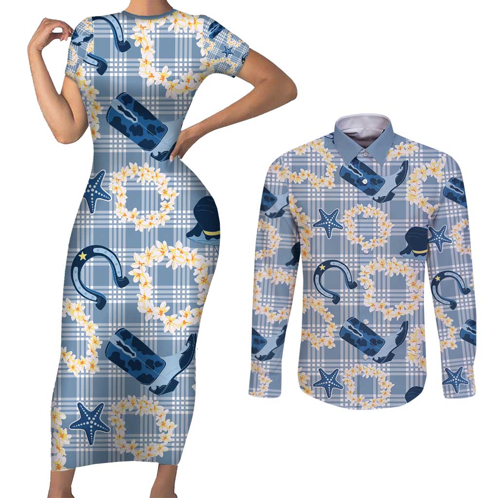 Aloha Hawaii Paniolo Jeans Palaka Couples Matching Short Sleeve Bodycon Dress and Long Sleeve Button Shirt Coastal Rodeo LT7 Pastel Blue - Polynesian Pride