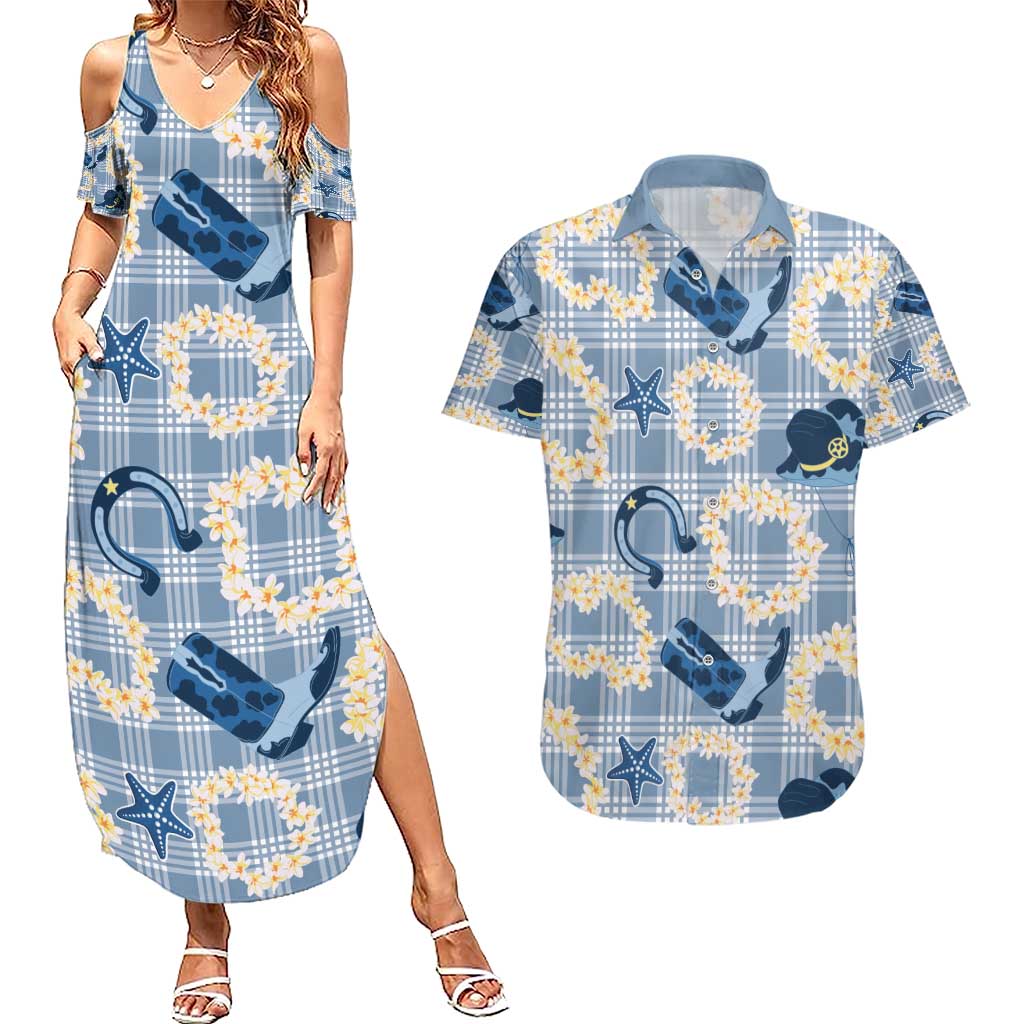 Aloha Hawaii Paniolo Jeans Palaka Couples Matching Summer Maxi Dress and Hawaiian Shirt Coastal Rodeo LT7 Pastel Blue - Polynesian Pride