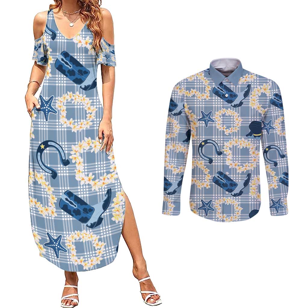 Aloha Hawaii Paniolo Jeans Palaka Couples Matching Summer Maxi Dress and Long Sleeve Button Shirt Coastal Rodeo LT7 Pastel Blue - Polynesian Pride