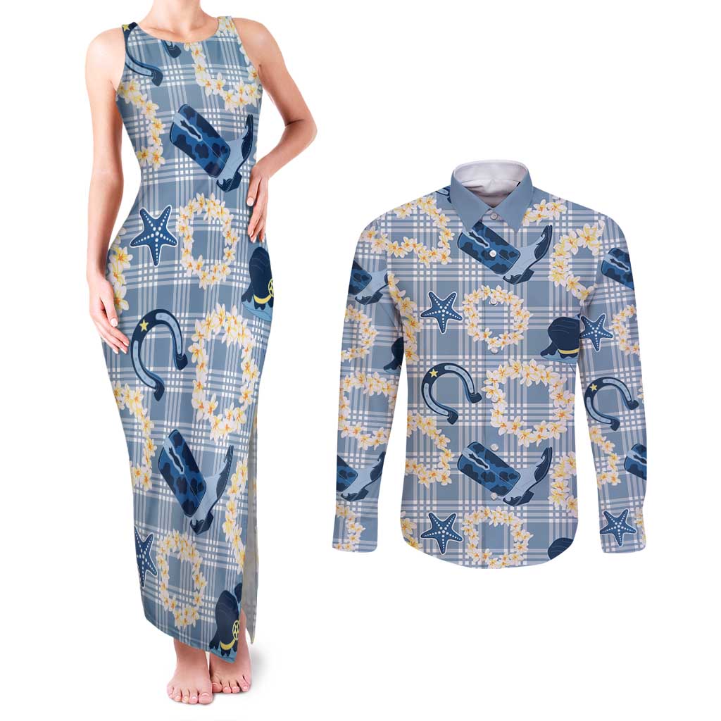 Aloha Hawaii Paniolo Jeans Palaka Couples Matching Tank Maxi Dress and Long Sleeve Button Shirt Coastal Rodeo LT7 Pastel Blue - Polynesian Pride