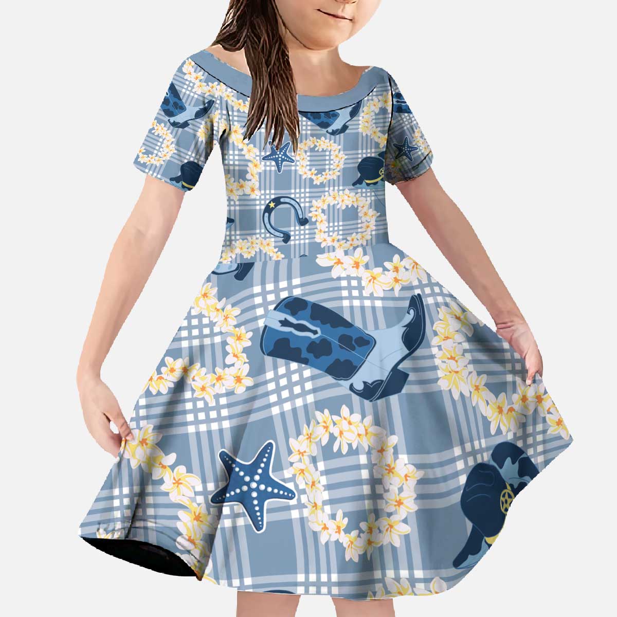 Aloha Hawaii Paniolo Jeans Palaka Family Matching Off The Shoulder Long Sleeve Dress and Hawaiian Shirt Coastal Rodeo LT7 Daughter's Dress Pastel Blue - Polynesian Pride
