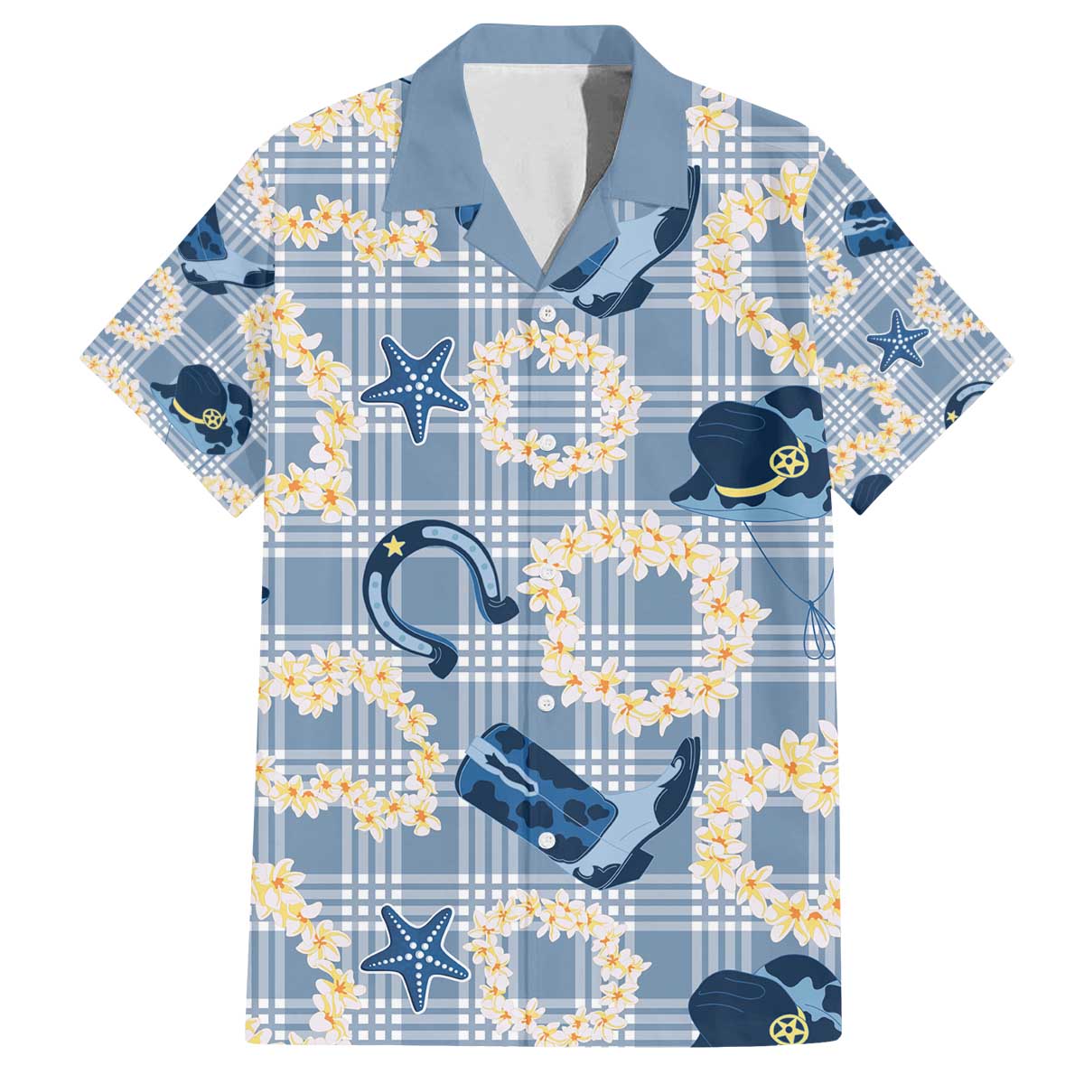 Aloha Hawaii Paniolo Jeans Palaka Family Matching Off The Shoulder Long Sleeve Dress and Hawaiian Shirt Coastal Rodeo LT7 Dad's Shirt - Short Sleeve Pastel Blue - Polynesian Pride