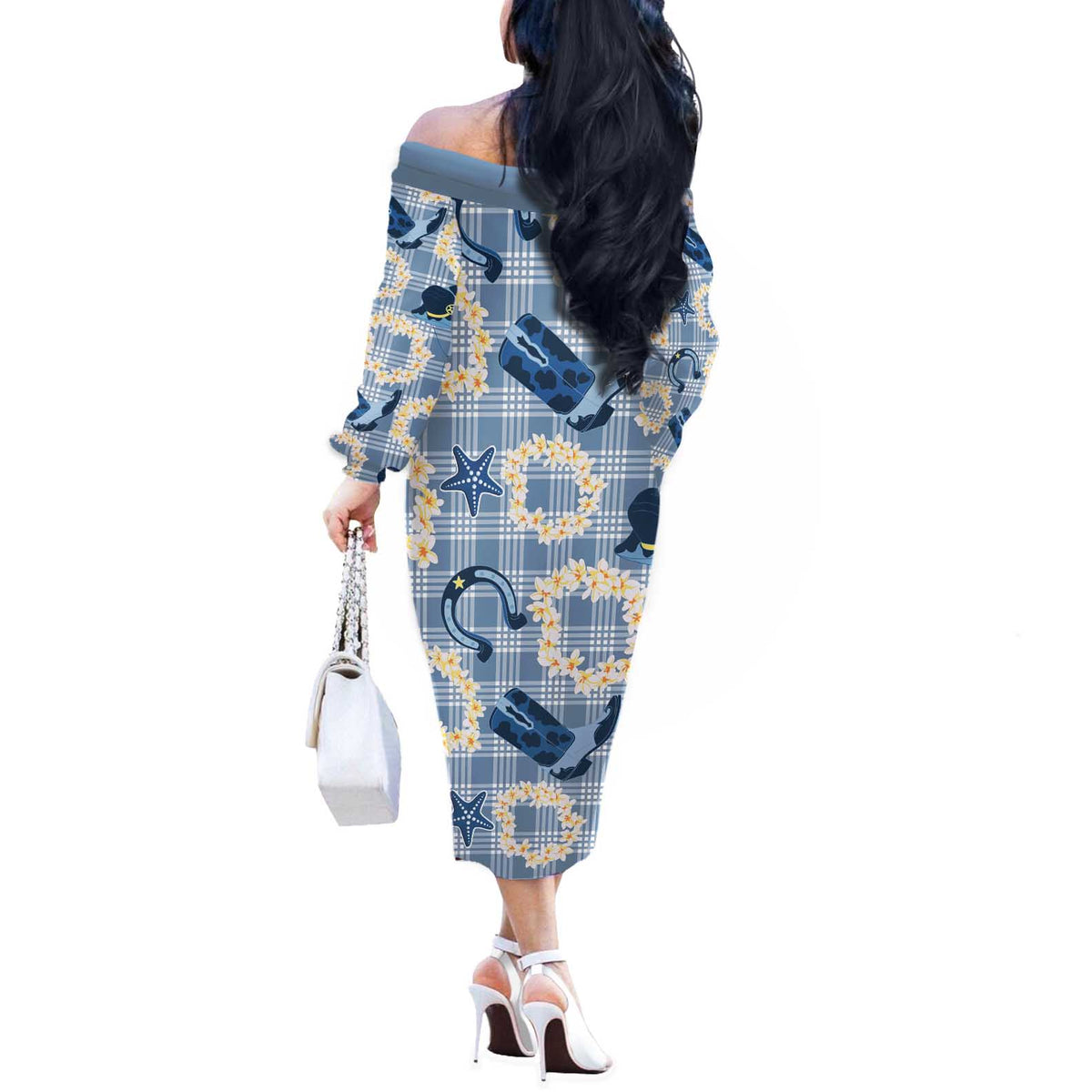 Aloha Hawaii Paniolo Jeans Palaka Off The Shoulder Long Sleeve Dress Coastal Rodeo - Polynesian Pride