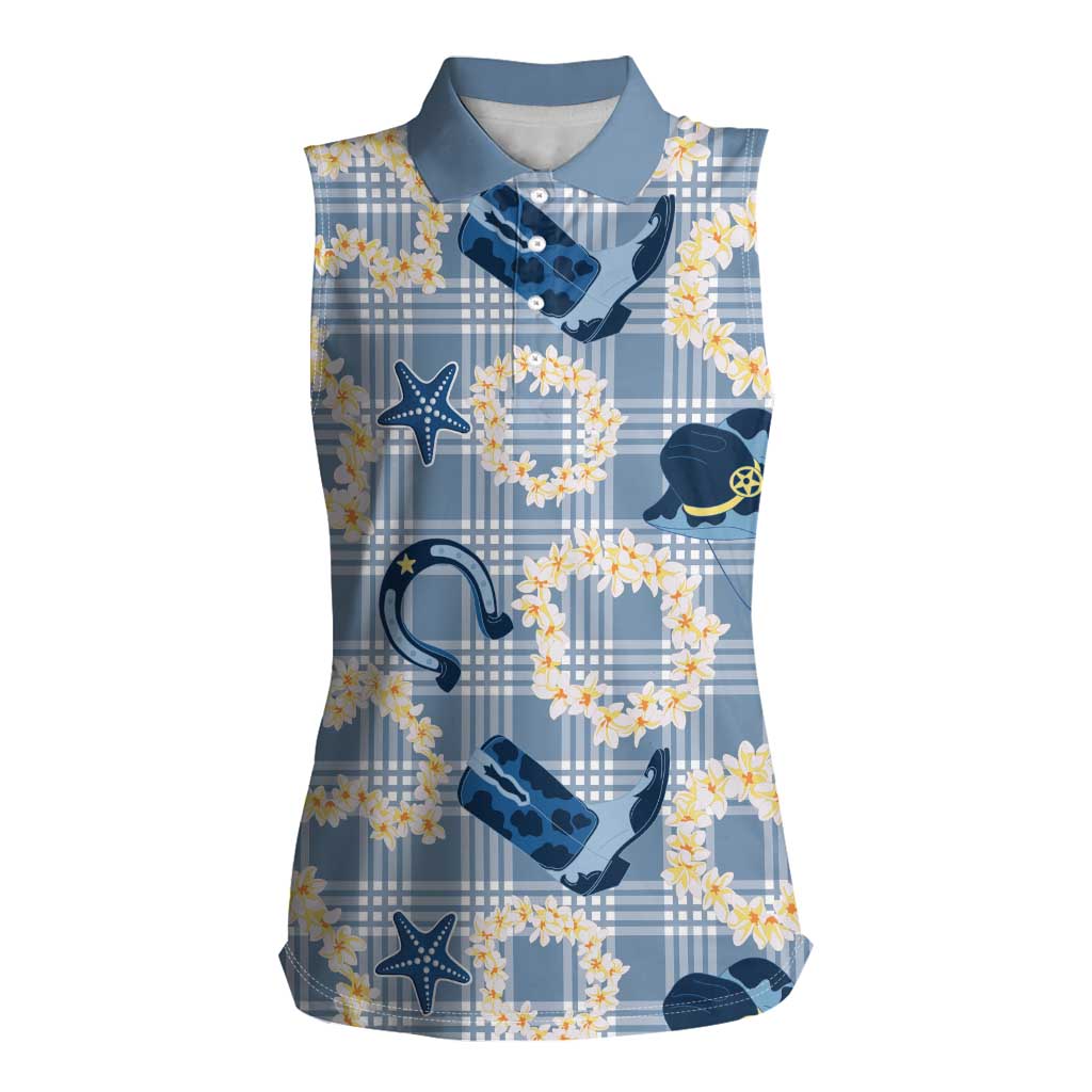 Aloha Hawaii Paniolo Jeans Palaka Women Sleeveless Polo Shirt Coastal Rodeo LT7 Female Pastel Blue - Polynesian Pride