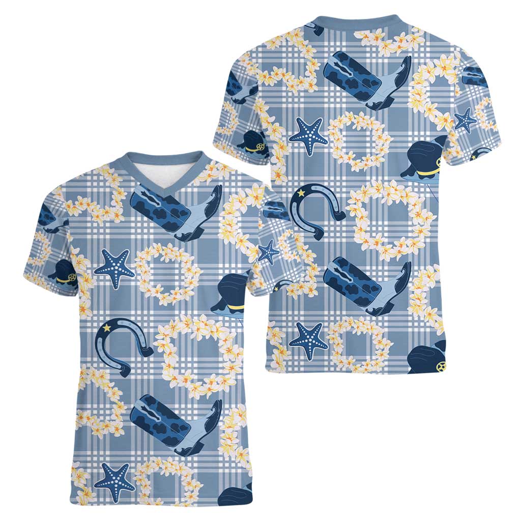 Aloha Hawaii Paniolo Jeans Palaka Women V-Neck T-Shirt Coastal Rodeo LT7 - Polynesian Pride